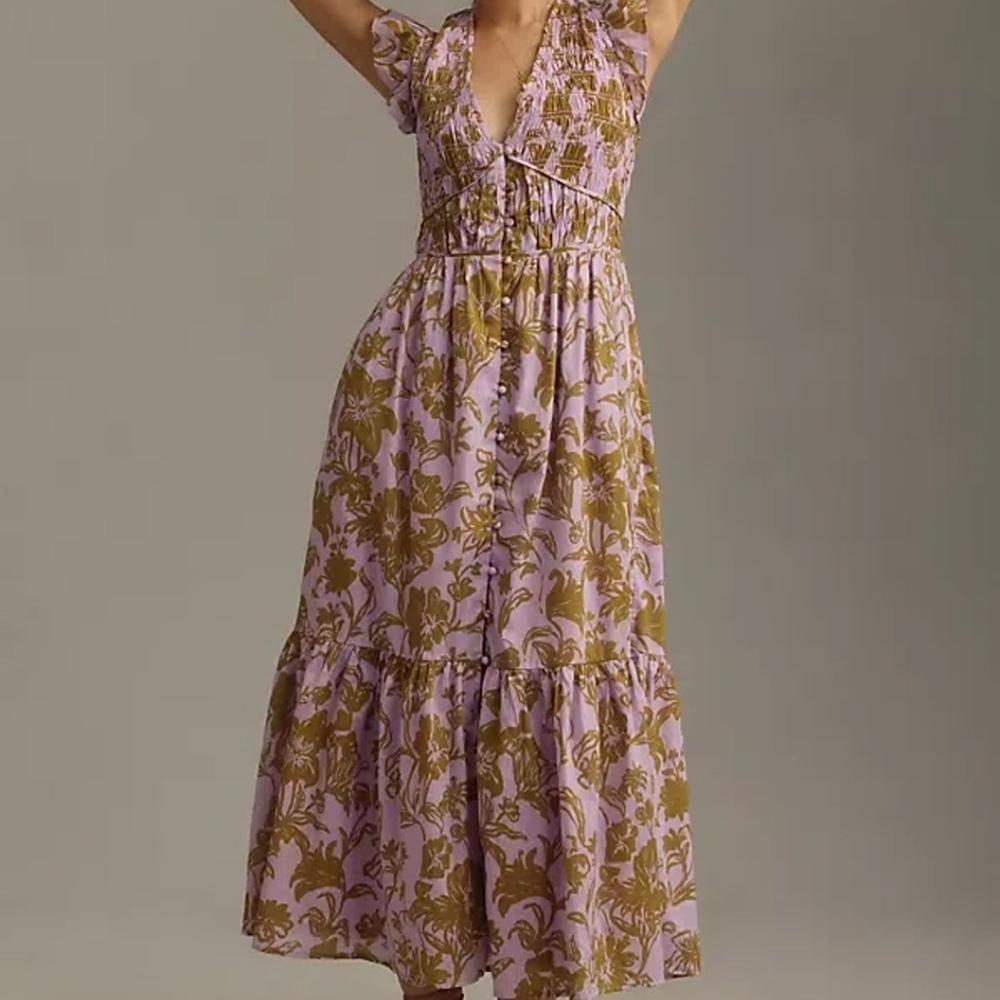Lilac and Olive Floral Anthropologie Peregrine Midi Dress - Women's Summer Dress